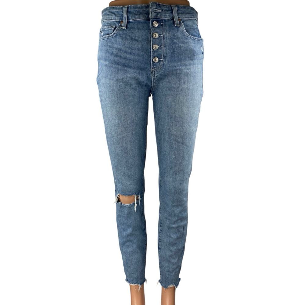 Paige Hoxton Blue High Waist Distressed Frayed Raw Hem Skinny Denim Jeans Sz 28
